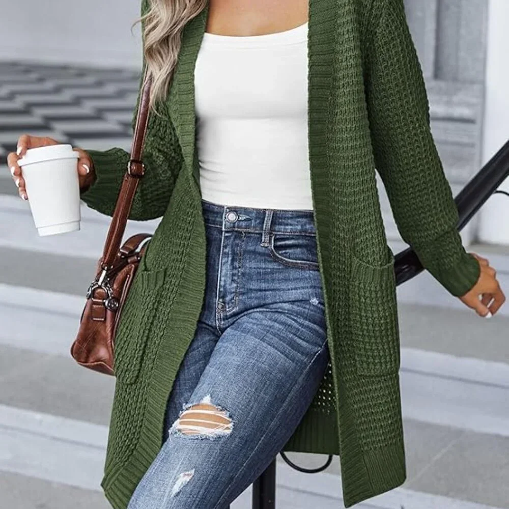 Zeagoo Womens Open Front Green Chunky Knit Batwing Sleeve Long Cardigan‎ Size S